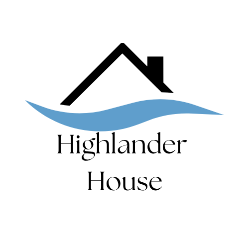 A logo with a house and water design and the words "Highlander House" written underneath.
